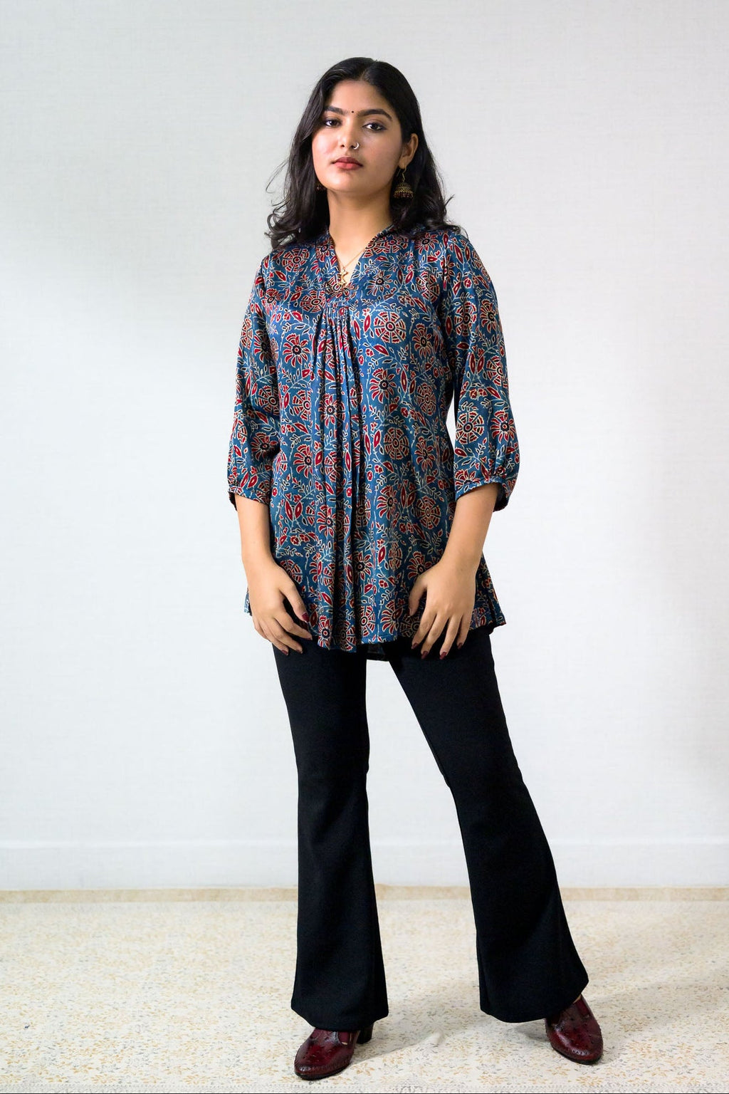 Blue Blooms Modal Ajrakh Short Top - Lobha Deepthis