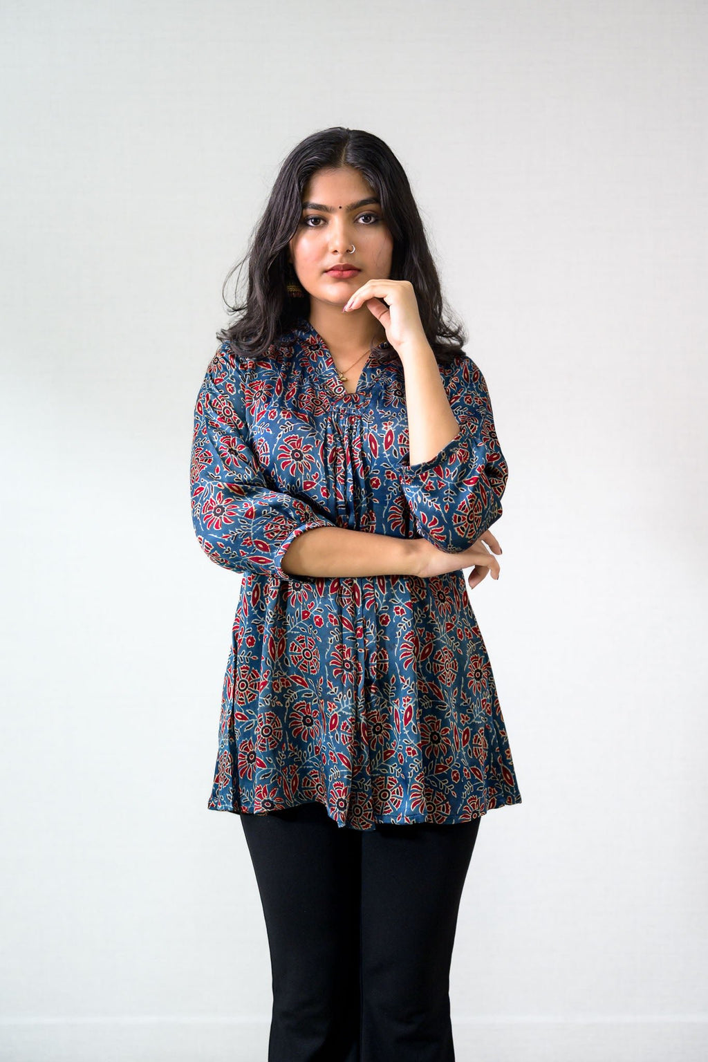 Blue Blooms Modal Ajrakh Short Top - Lobha Deepthis