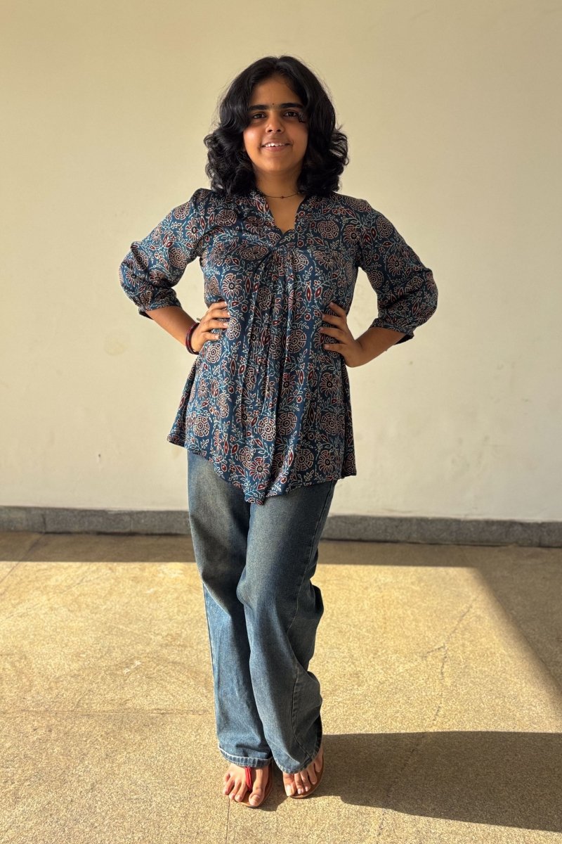 Blue Blooms Modal Ajrakh Short Top - Lobha Deepthis