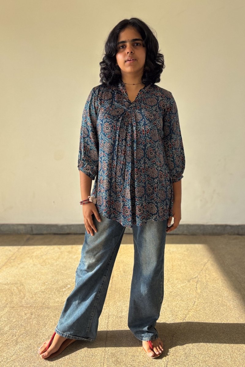Blue Blooms Modal Ajrakh Short Top - Lobha Deepthis