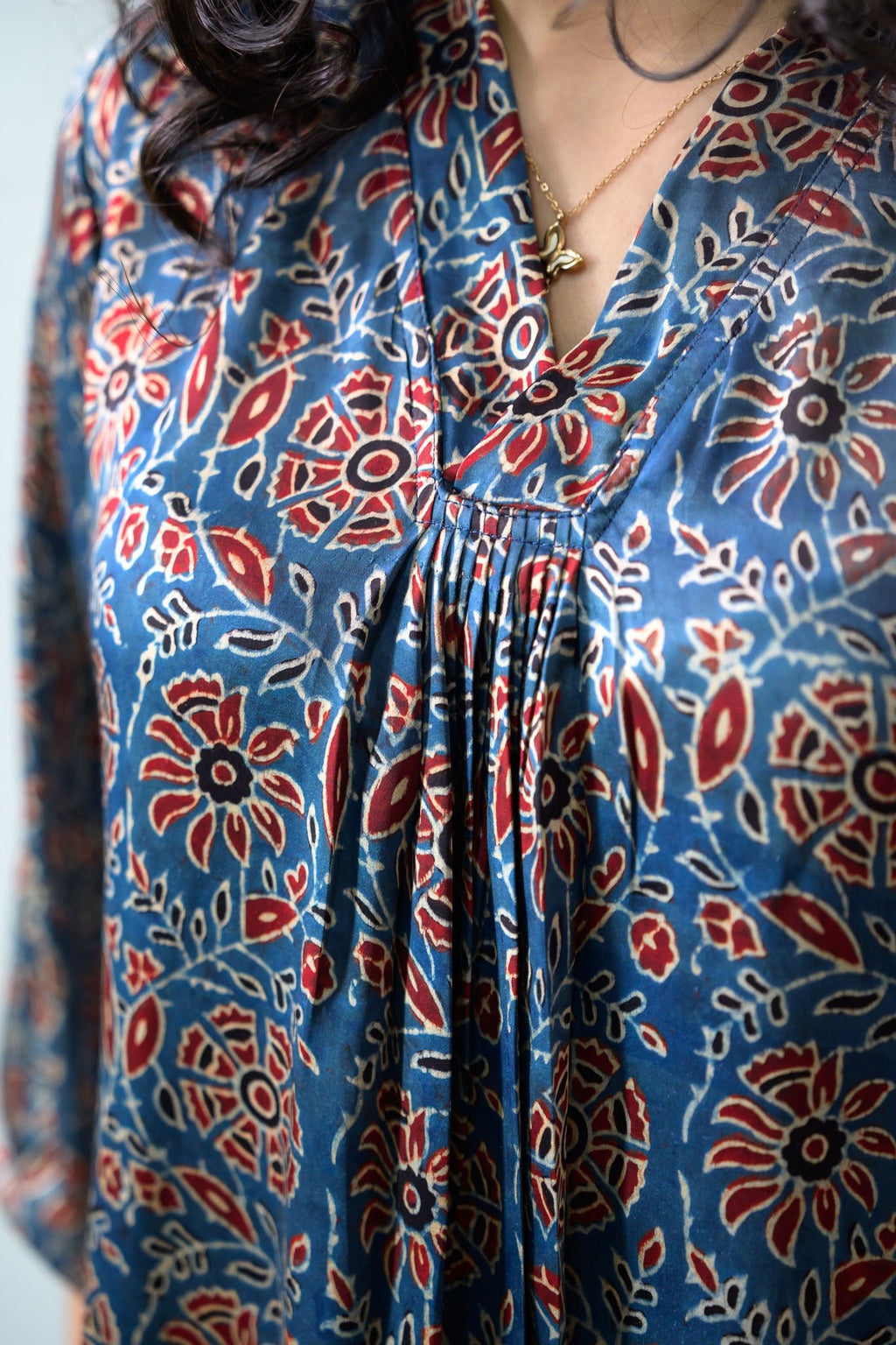 Blue Blooms Modal Ajrakh Short Top - Lobha Deepthis