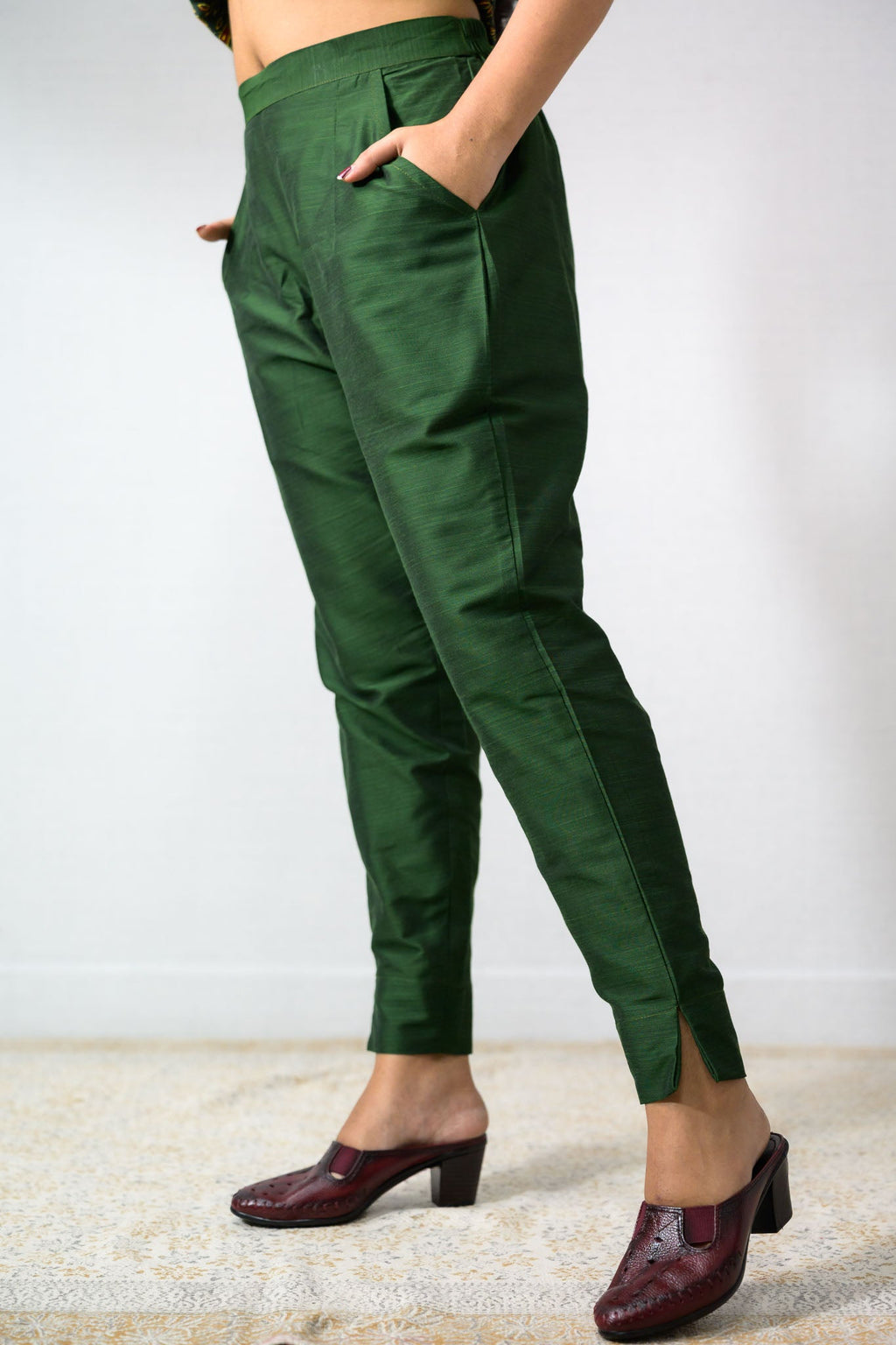 Bottle Green Slub Silk Pencil Pants - Lobha Deepthis
