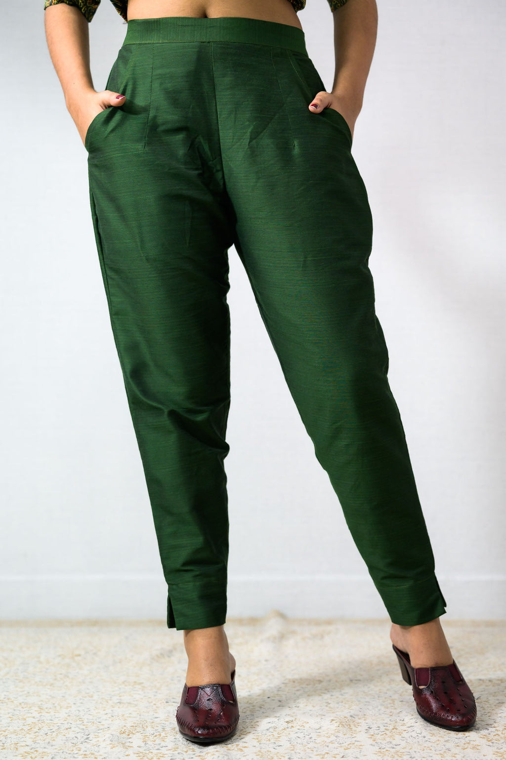 Bottle Green Slub Silk Pencil Pants - Lobha Deepthis