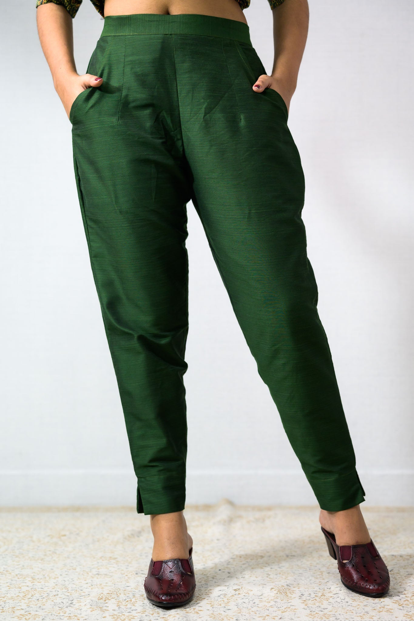 Bottle Green Slub Silk Pencil Pants - Lobha Deepthis
