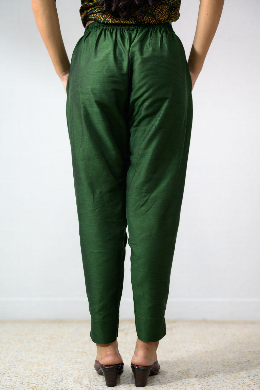 Bottle Green Slub Silk Pencil Pants - Lobha Deepthis