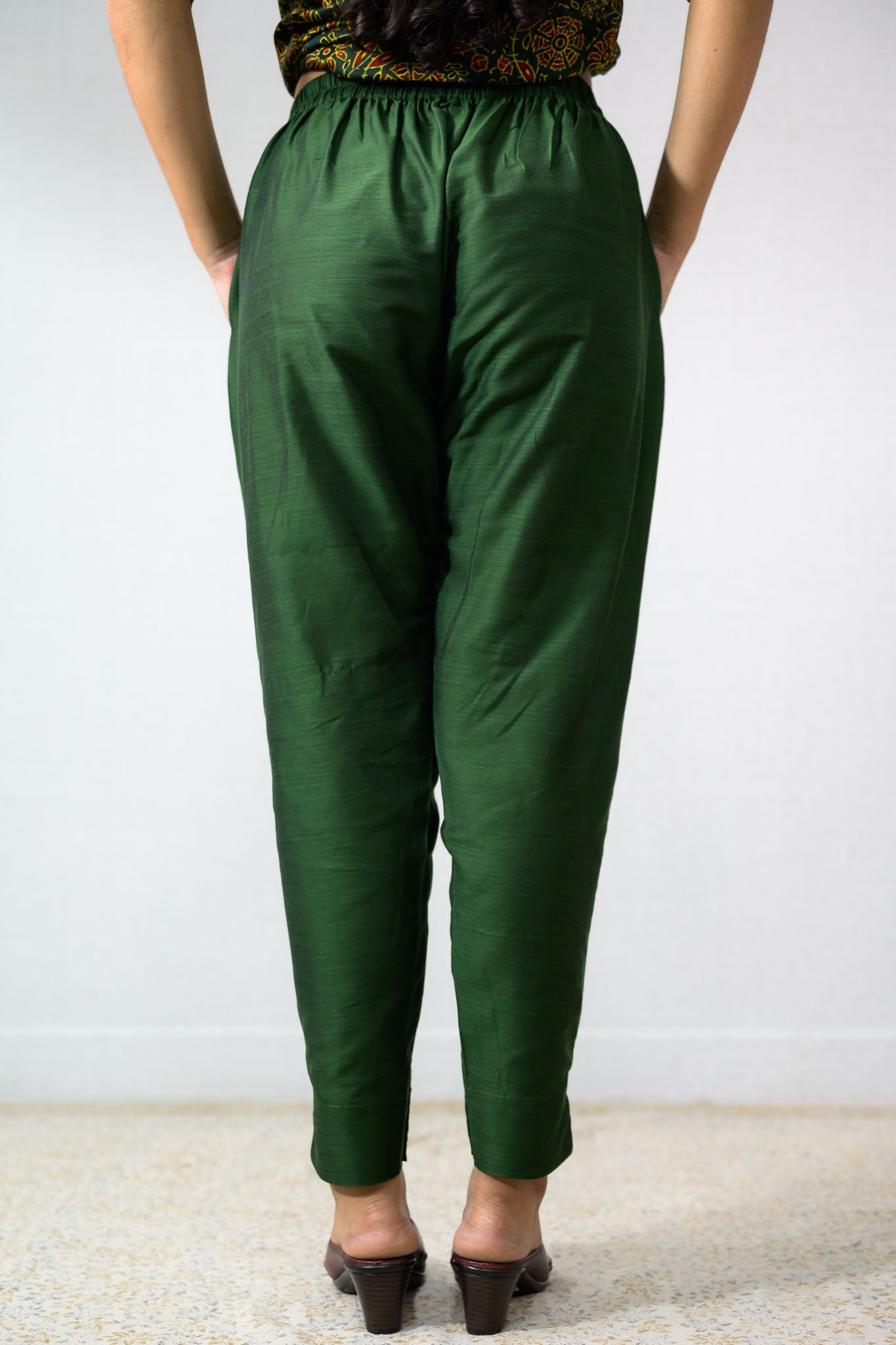 Bottle Green Slub Silk Pencil Pants - Lobha Deepthis