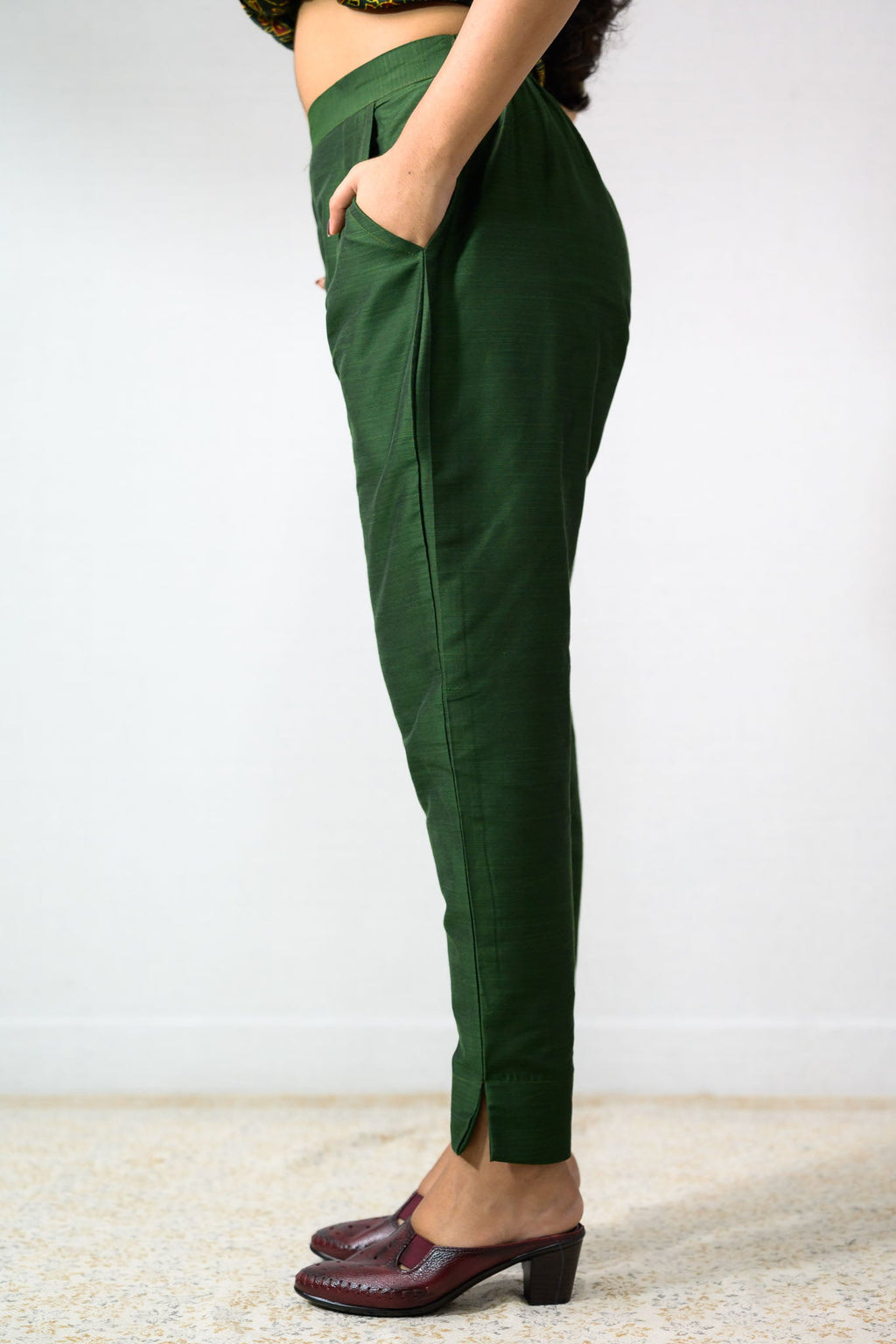 Bottle Green Slub Silk Pencil Pants - Lobha Deepthis