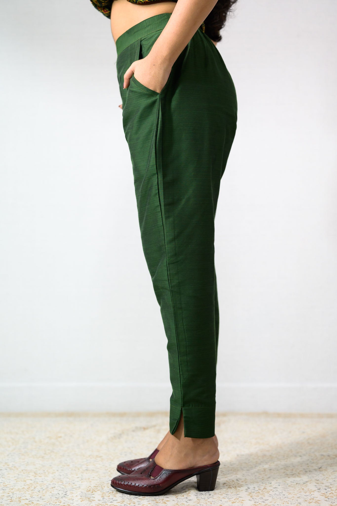Bottle Green Slub Silk Pencil Pants - Lobha Deepthis