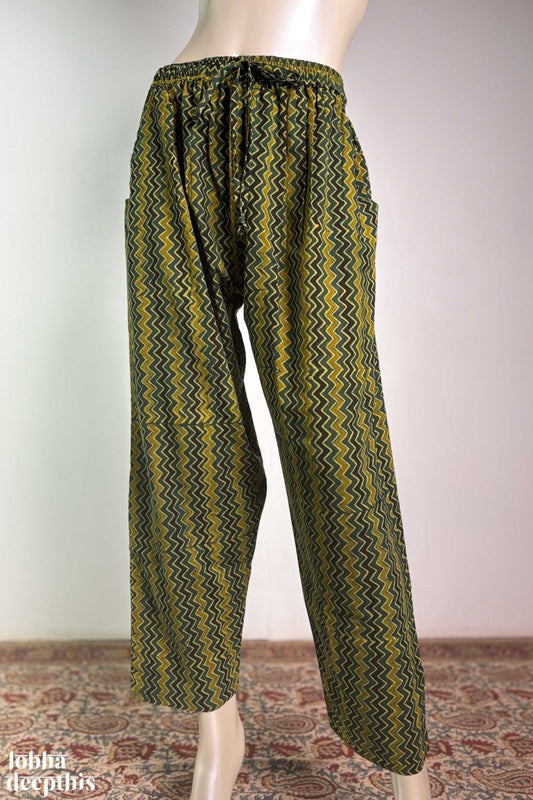 Bottle Green & Yellow Zig Zag Stripes Ajrakh Straight Pants - Lobha Deepthis