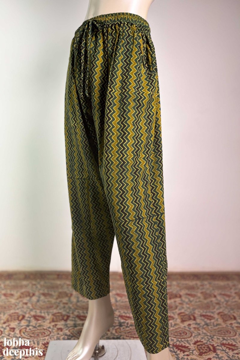 Bottle Green & Yellow Zig Zag Stripes Ajrakh Straight Pants - Lobha Deepthis