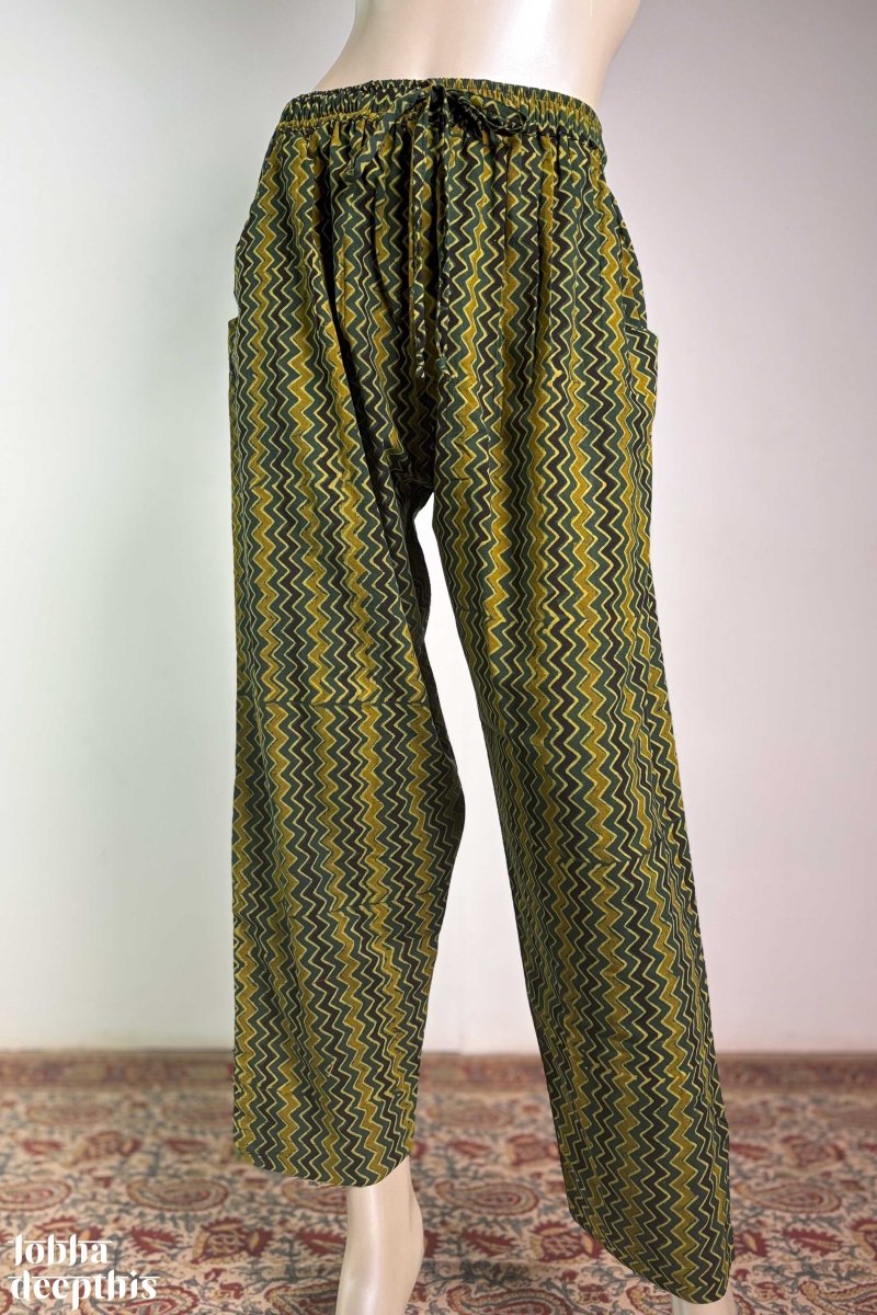 Bottle Green & Yellow Zig Zag Stripes Ajrakh Straight Pants - Lobha Deepthis