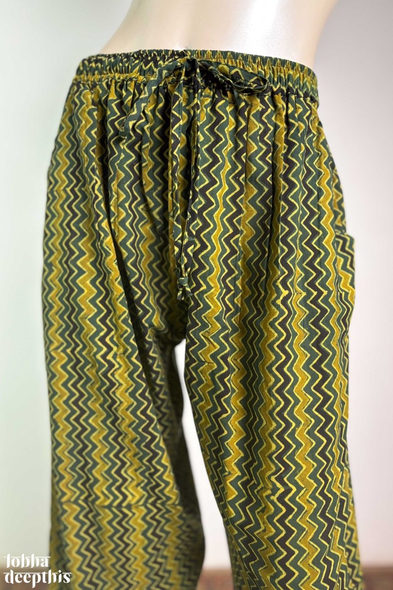 Bottle Green & Yellow Zig Zag Stripes Ajrakh Straight Pants - Lobha Deepthis