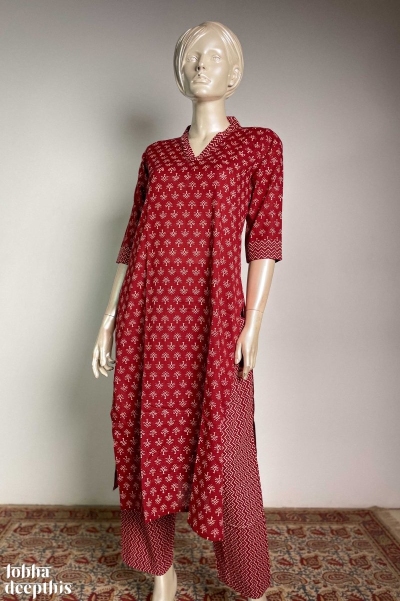 Burgundy Collar Kurta Co-ord Set - Lobha Deepthis