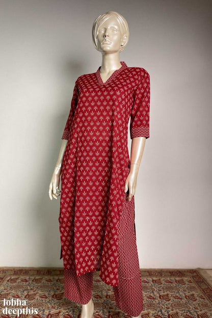 Burgundy Collar Kurta Co-ord Set - Lobha Deepthis