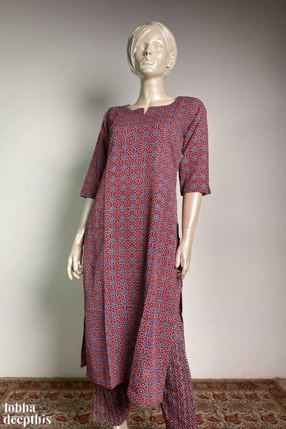 Burgundy Kantha Florals Straight Kurta - Lobha Deepthis