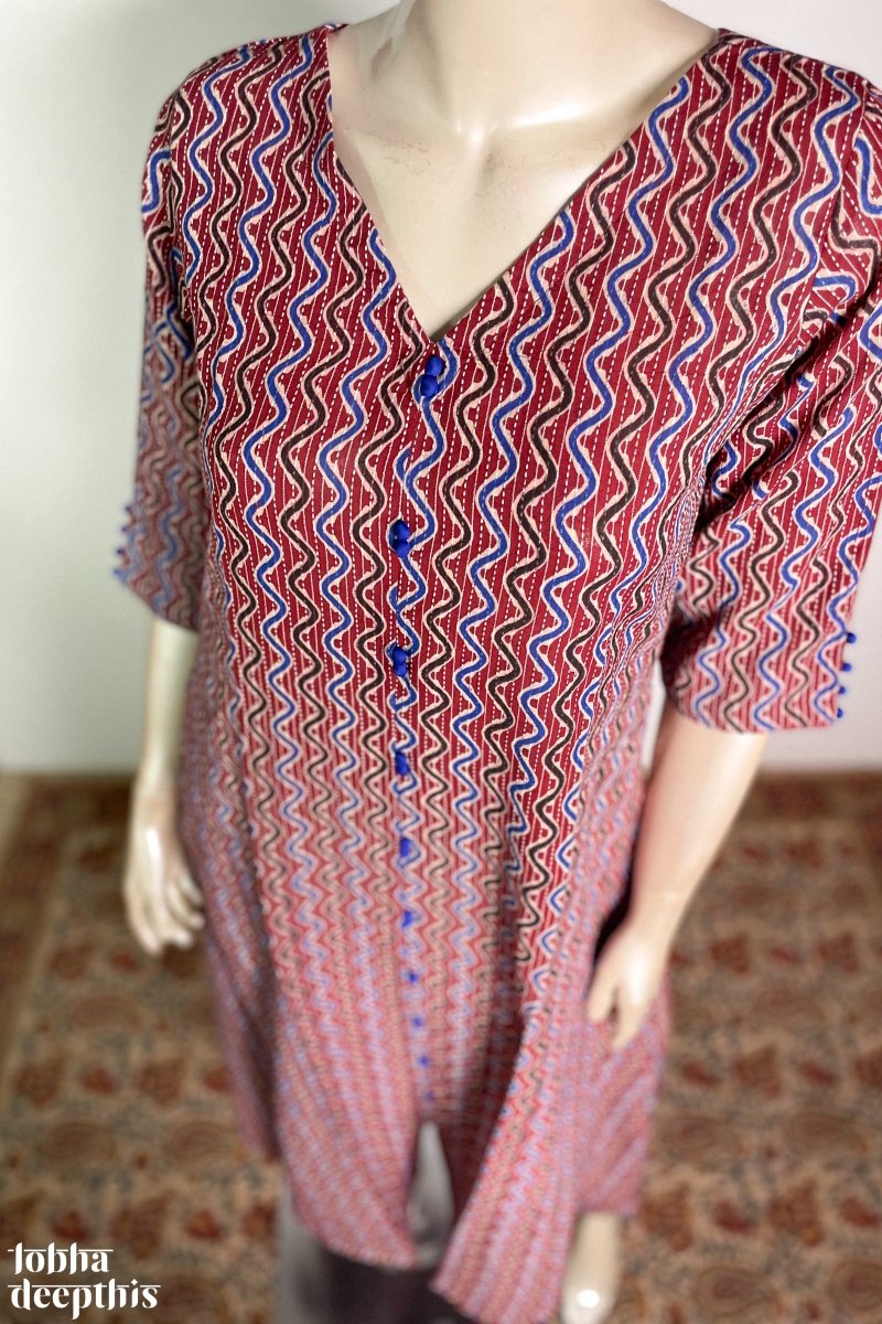 Burgundy Kantha Stripes Aline Kurta - Lobha Deepthis