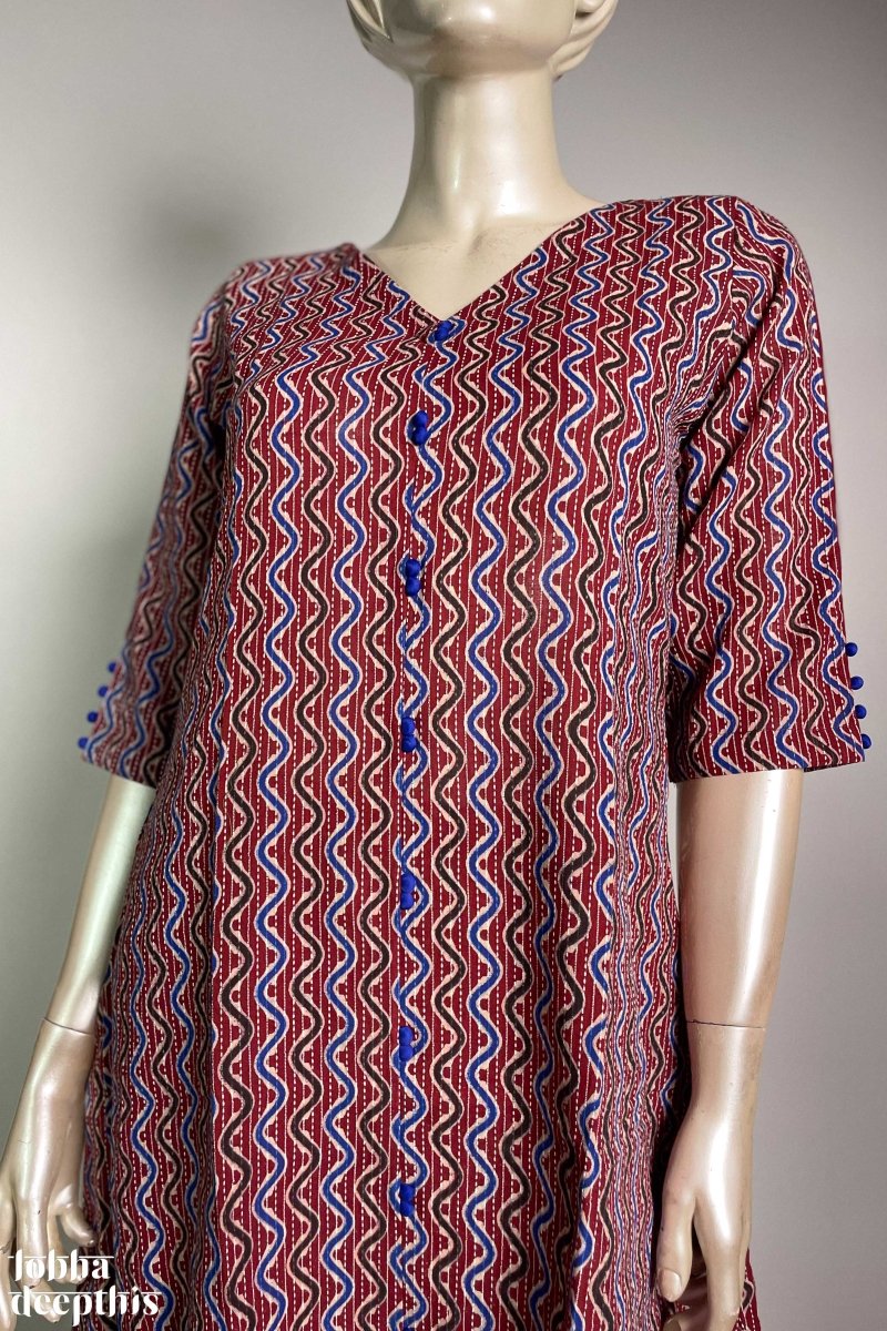 Burgundy Kantha Stripes Aline Kurta - Lobha Deepthis