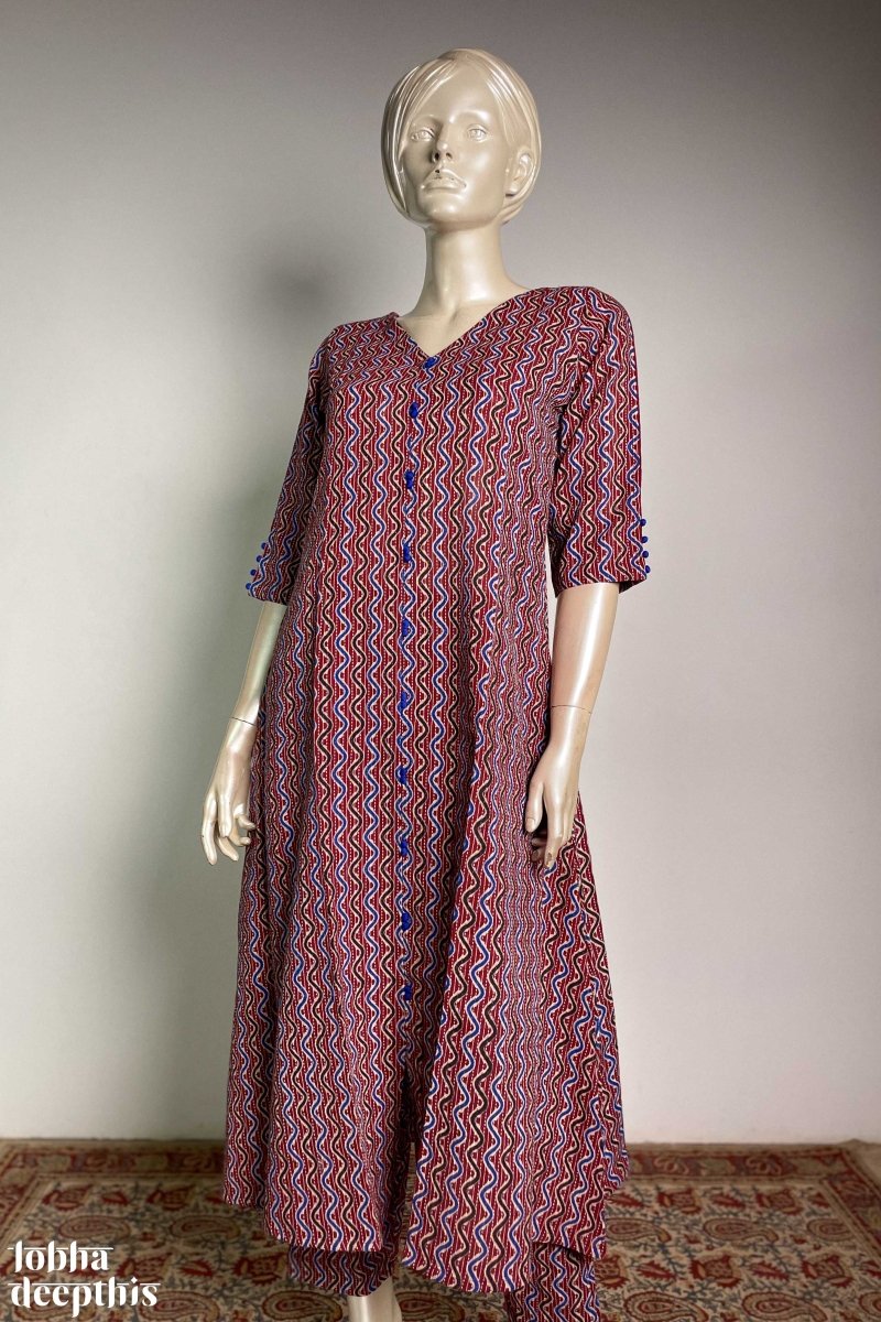 Burgundy Kantha Stripes Aline Kurta - Lobha Deepthis