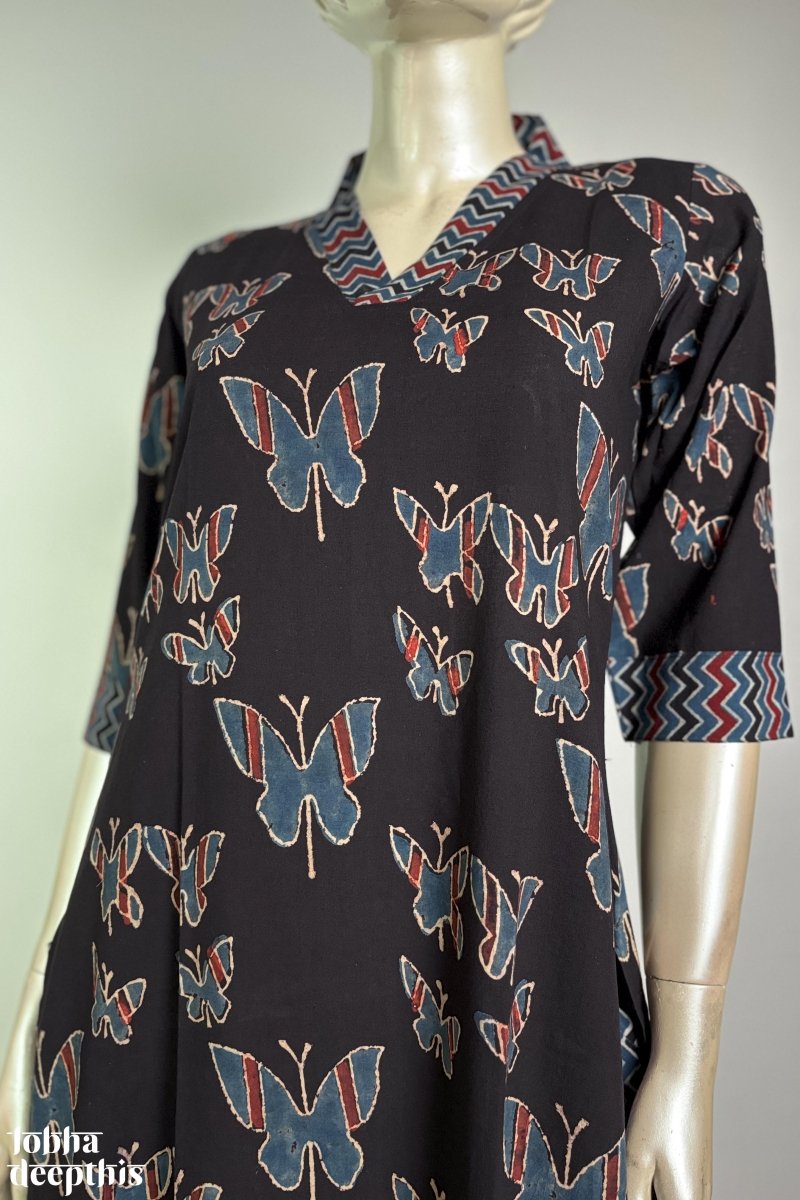 Butterflies on Black Straight Kurta - Lobha Deepthis