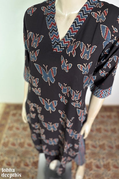 Butterflies on Black Straight Kurta - Lobha Deepthis