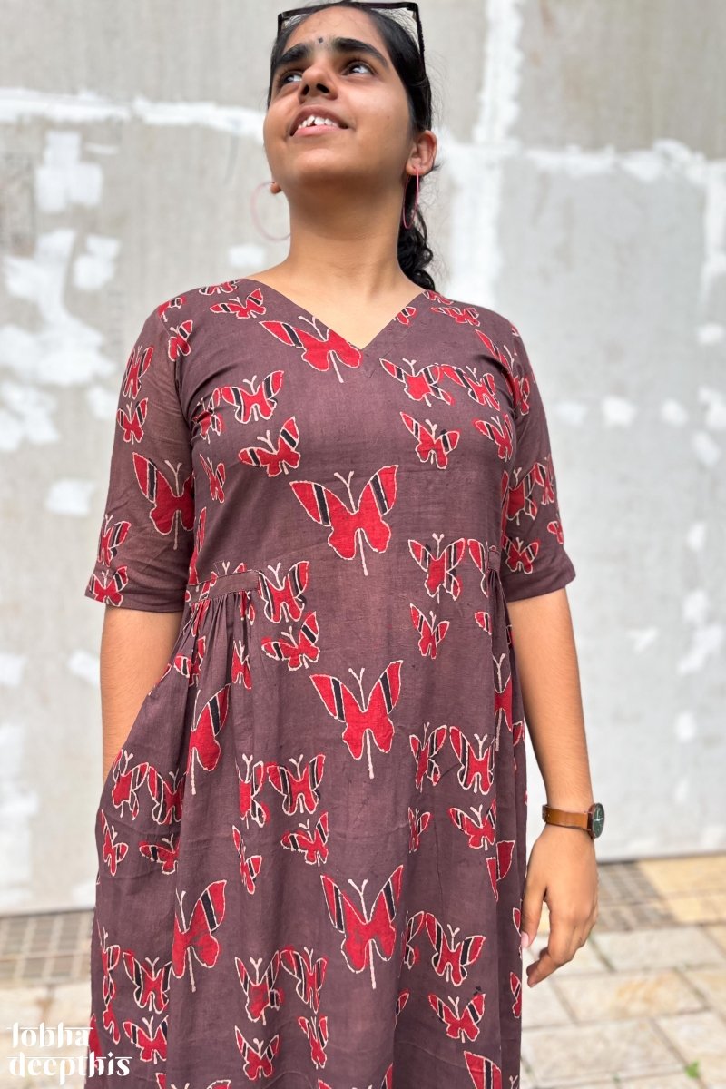 Butterflies on Chocolate Ajrakh Dress - Lobha Deepthis