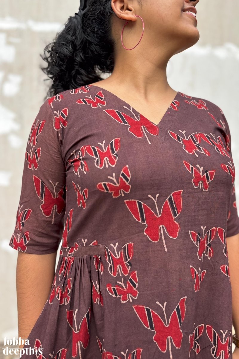 Butterflies on Chocolate Ajrakh Dress - Lobha Deepthis