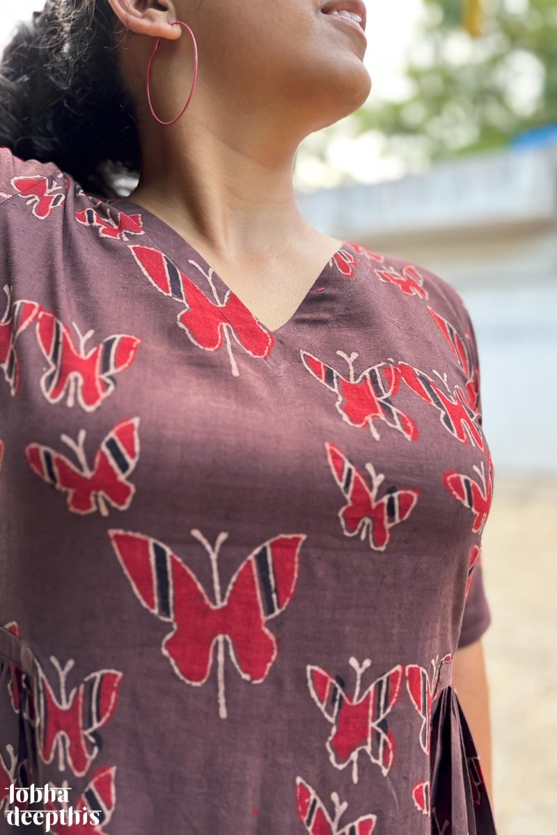 Butterflies on Chocolate Ajrakh Dress - Lobha Deepthis