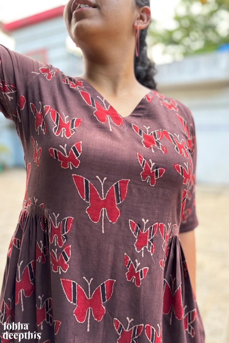 Butterflies on Chocolate Ajrakh Dress - Lobha Deepthis