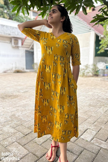 Butterflies on Turmeric Ajrakh Dress - Lobha Deepthis