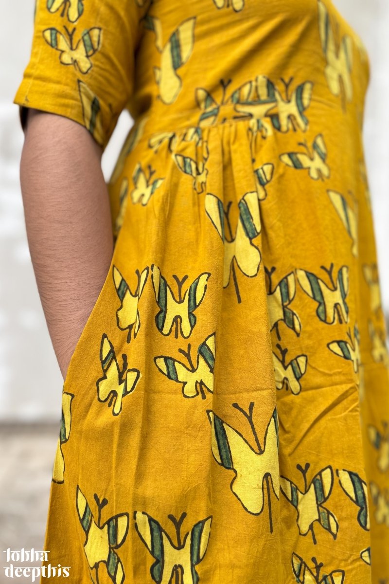 Butterflies on Turmeric Ajrakh Dress - Lobha Deepthis