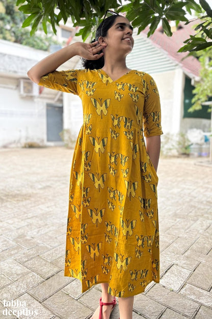 Butterflies on Turmeric Ajrakh Dress - Lobha Deepthis