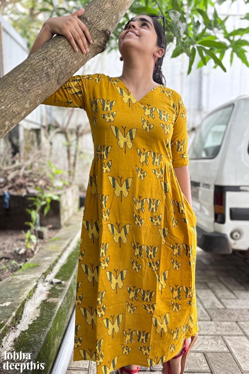 Butterflies on Turmeric Ajrakh Dress - Lobha Deepthis