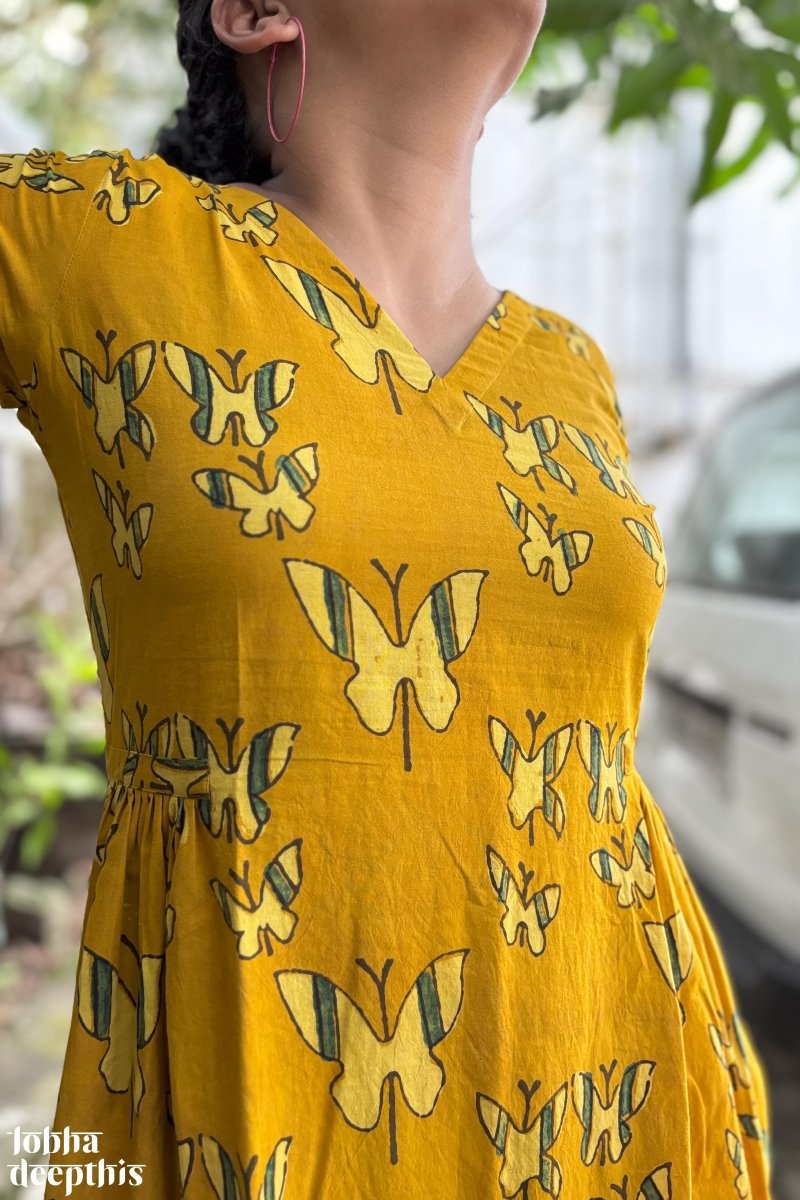 Butterflies on Turmeric Ajrakh Dress - Lobha Deepthis