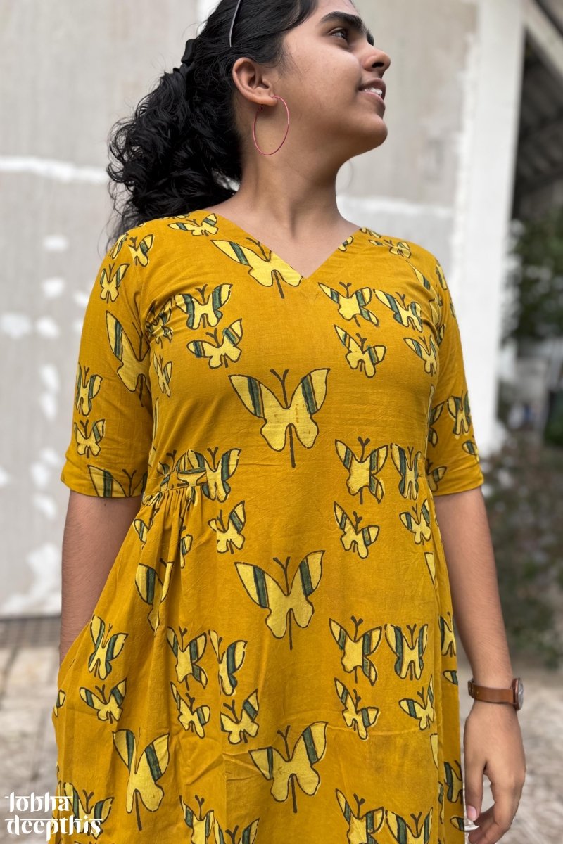 Butterflies on Turmeric Ajrakh Dress - Lobha Deepthis