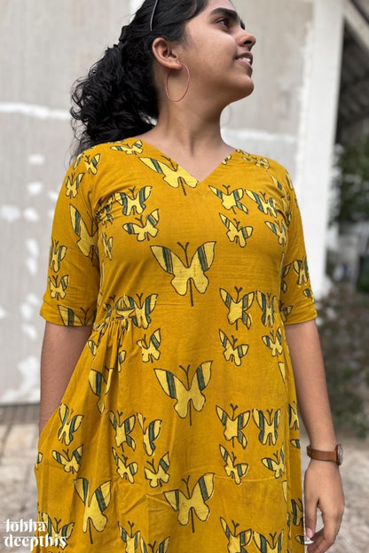 Butterflies on Turmeric Ajrakh Dress - Lobha Deepthis