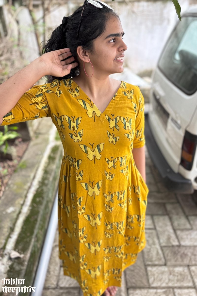 Butterflies on Turmeric Ajrakh Dress - Lobha Deepthis