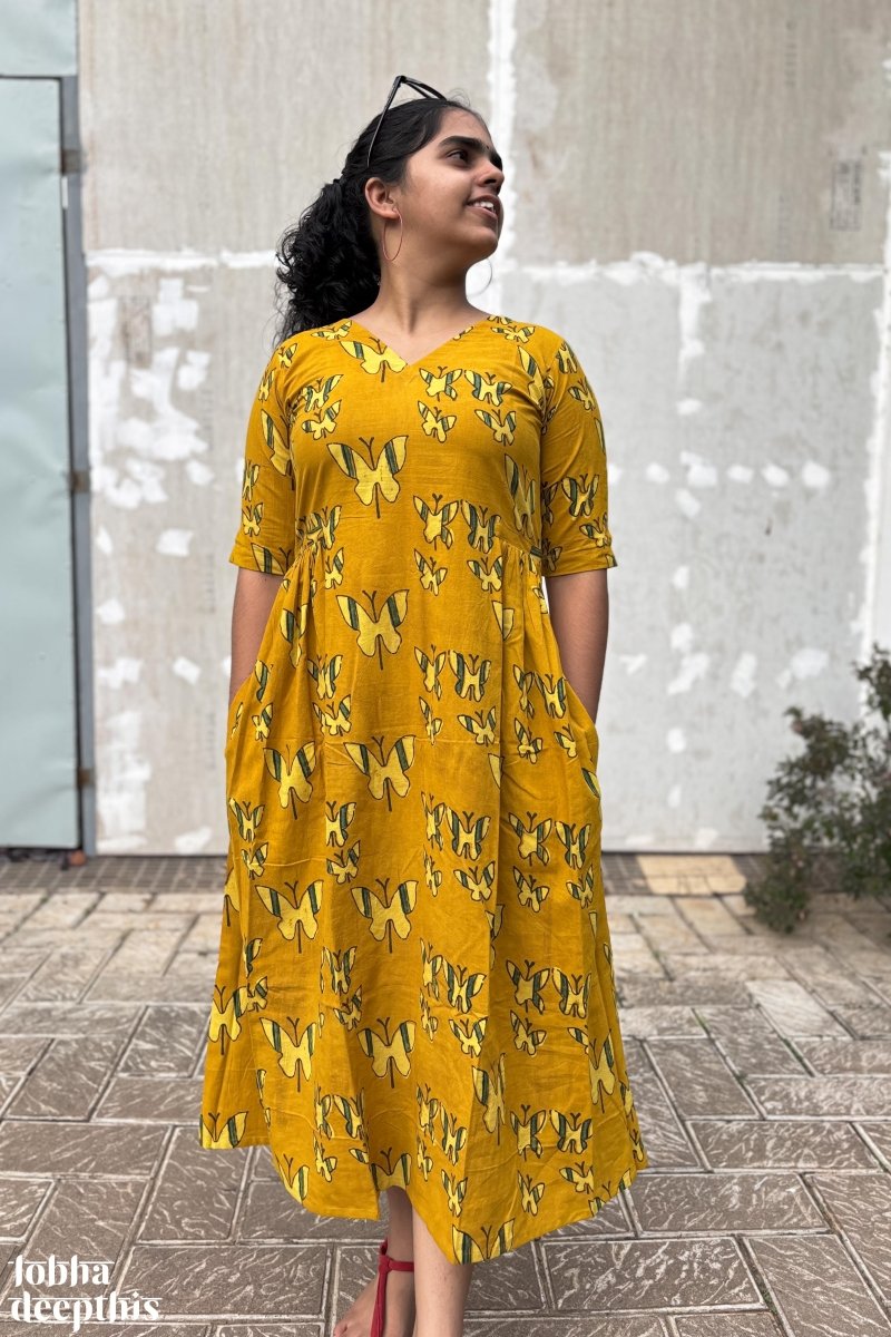 Butterflies on Turmeric Ajrakh Dress - Lobha Deepthis