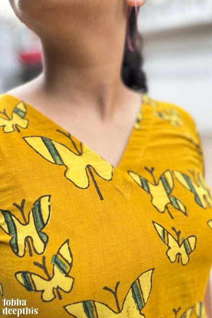 Butterflies on Turmeric Ajrakh Dress - Lobha Deepthis