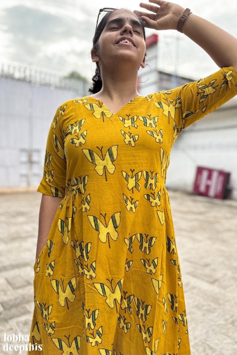 Butterflies on Turmeric Ajrakh Dress - Lobha Deepthis