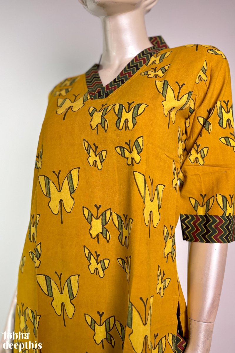 Butterflies on Turmeric Straight Kurta - Lobha Deepthis