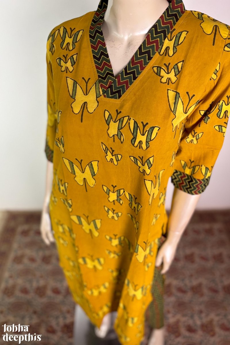 Butterflies on Turmeric Straight Kurta - Lobha Deepthis