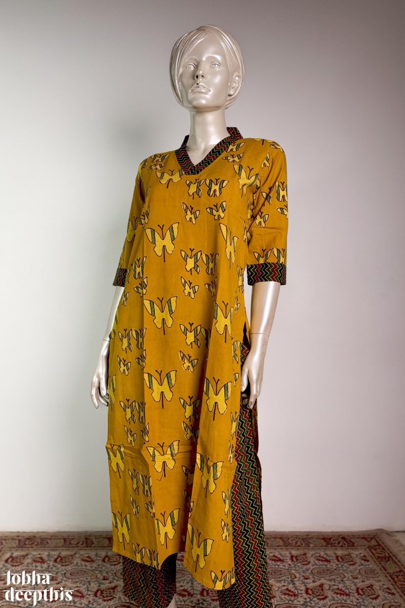 Butterflies on Turmeric Straight Kurta - Lobha Deepthis