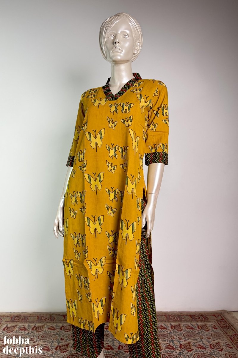 Butterflies on Turmeric Straight Kurta - Lobha Deepthis