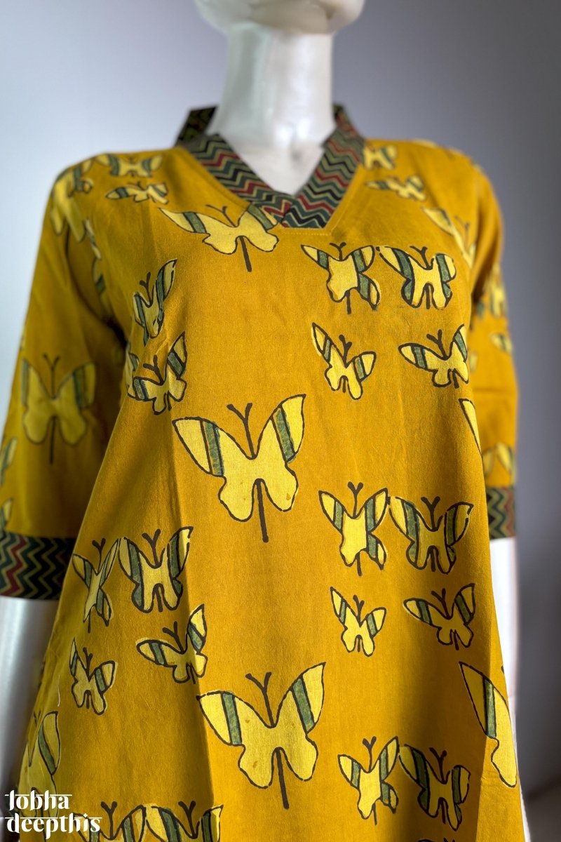 Butterflies on Turmeric Straight Kurta - Lobha Deepthis