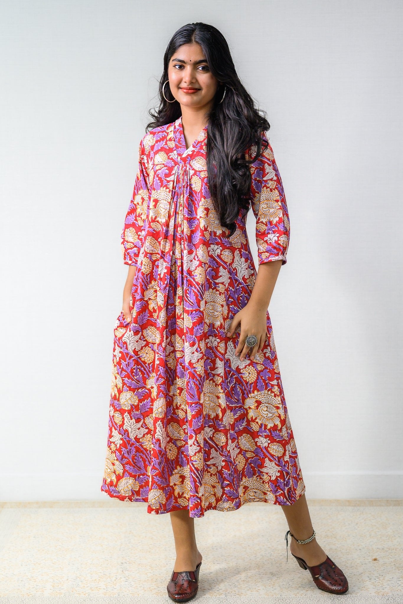 Camellia Sanganeri Pure Cotton Front Pleated Dress- Lobha Deepthis