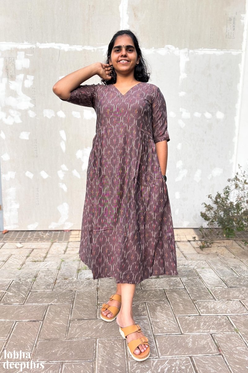 Coffee Ikkat Side Pleated Dress - Lobha Deepthis