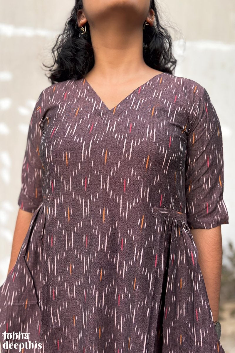 Coffee Ikkat Side Pleated Dress - Lobha Deepthis