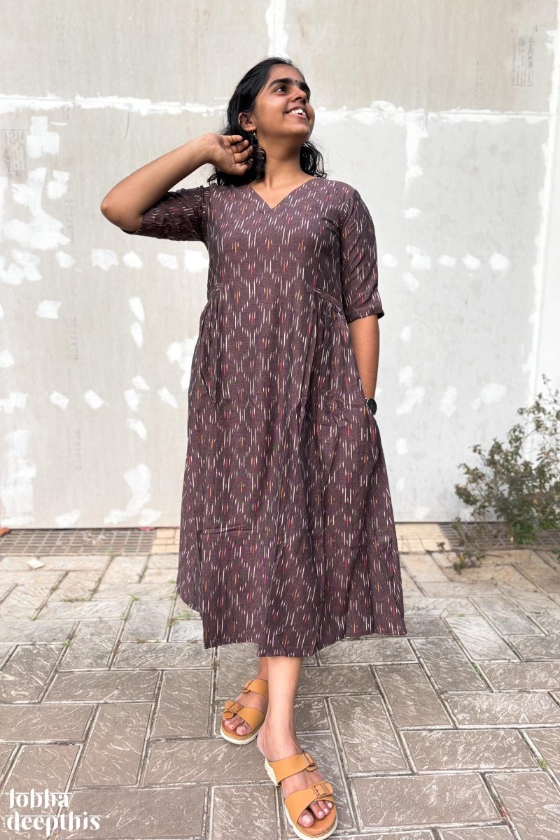 Coffee Ikkat Side Pleated Dress - Lobha Deepthis