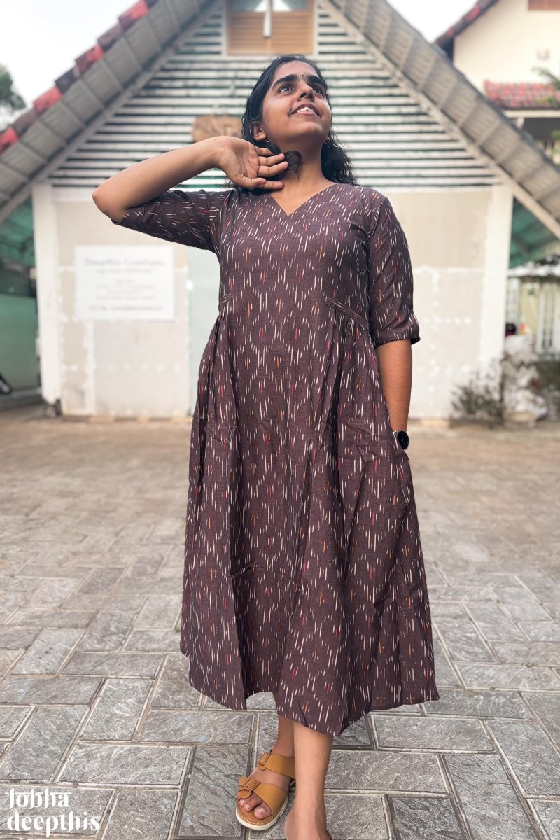 Coffee Ikkat Side Pleated Dress - Lobha Deepthis