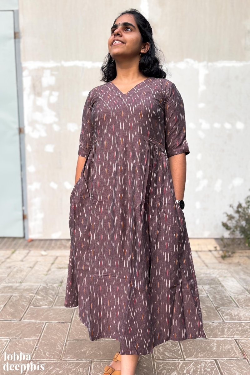 Coffee Ikkat Side Pleated Dress - Lobha Deepthis